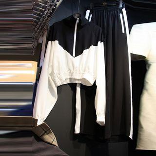 Set: Two-tone Windbreaker + Striped Cropped Wide-leg Pants
