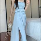 Plain Ruffle Trim Halter Bandeau Top / High-waist Plain Slit Maxi Skirt
