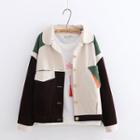 Corduroy Color Block Buttoned Jacket Dark Coffee - One Size