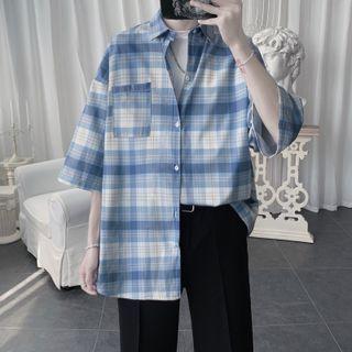Short-sleeve Plaid Loose-fit Shirt