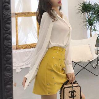 Set: Long-sleeve V Neck Blouse + A-line Skirt