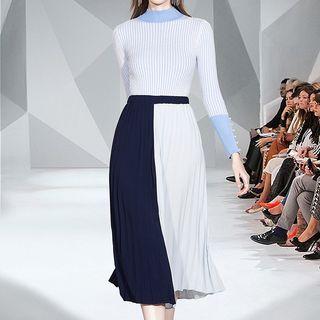 Set: Mock Neck Knit Top + Midi Pleated Skirt