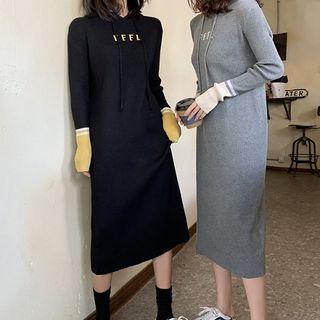 Lettering Hooded Long-sleeve Midi Knit Dress