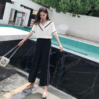 Set: Short-sleeve Contrast-trim Top + Cropped Wide-leg Pants