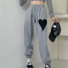 Long-sleeve Crop Top / Heart Print Sweatpants