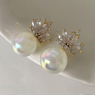 Crown Rhinestone Faux Pearl Earring 1 Pair - 14k Gold - One Size