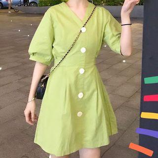 Short-sleeve Tie-waist Front Button Plain Dress