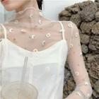 Floral Long-sleeve Slim-fit Sheer Top