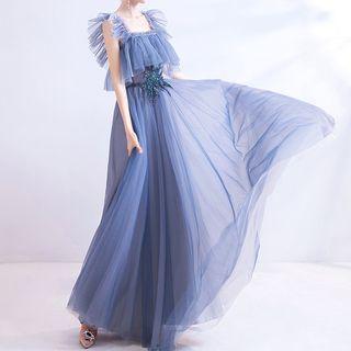 Sequined Square-neck Sleeveless A-line Mesh Evening Gown