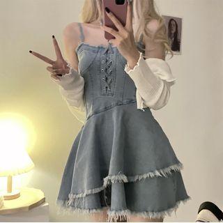 Spaghetti Strap Denim Mini A-line Dress / Cardigan