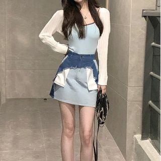 Spaghetti Strap Sheath Dress / Denim Skirt / Cardigan