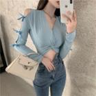Cut-out Sleeve Bow-detail Knot Crop Top