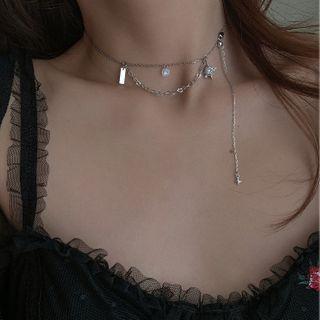 Star Rhinestone Layered Sterling Silver Choker 1 Pc - Silver - One Size