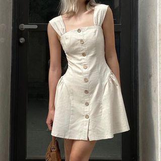 Plain Button-through Square Neck A-line Dress