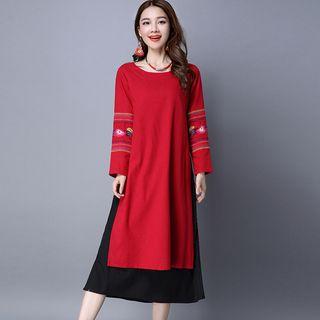 Long-sleeve Embroidered Midi Mock Two-piece Dress