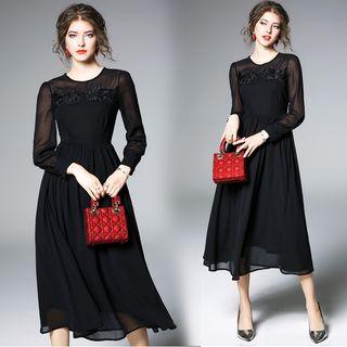 Long-sleeved A-line Panel Slim Long Dress