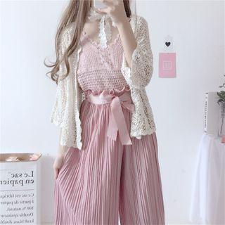 Open-front Cardigan / Pointelle Knit Camisole Top / Chiffon Wide-leg Pants