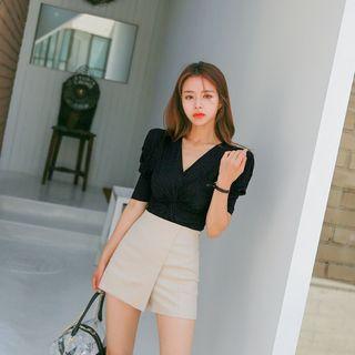 Set: Puff-shoulder Knotted Top + Wrap-front Shorts
