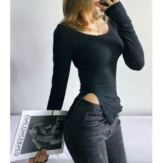 Round-neck Side-split Ribbed Top