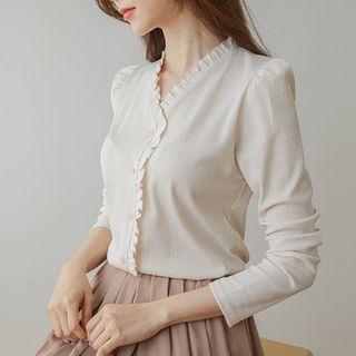 Puff-sleeve Frilled Ribbed Cardigan
