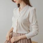 Puff-sleeve Frilled Ribbed Cardigan