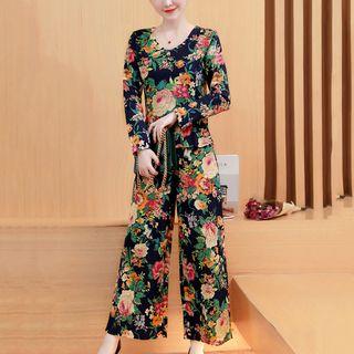 Set: Floral Print Long Sleeve Top + Wide Leg Pants