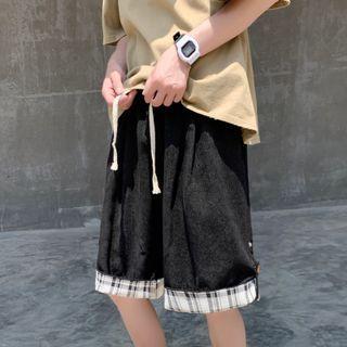 Plaid Panel Plain Corduroy Straight Cut Shorts