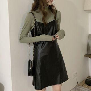 Spaghetti Strap Faux Leather Dress / Long-sleeve Top