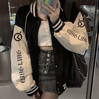 Oversize Lettering Baseball Jacket Black & White - One Size