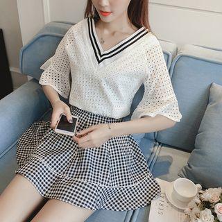 Set: Striped V-neck Perforated Elbow Sleeve Top + Gingham A-line Skirt