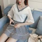 Set: Striped V-neck Perforated Elbow Sleeve Top + Gingham A-line Skirt
