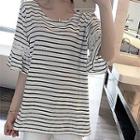 Striped Lace Trim Elbow Sleeve T-shirt