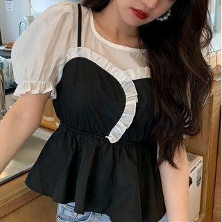 Short-sleeve Mock Two-piece Blouse Black & White - One Size