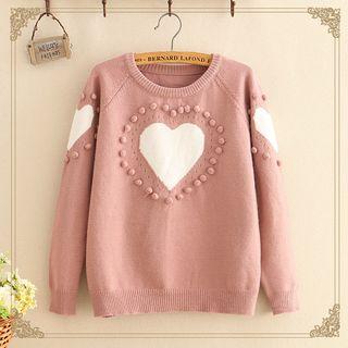 Heart Print Pompom-detail Knit Sweater