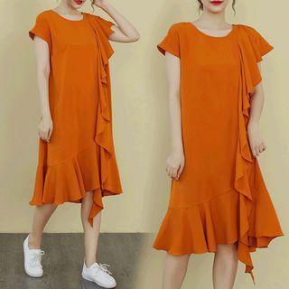 Asymmetric Ruffle Trim Short-sleeve Midi A-line Dress