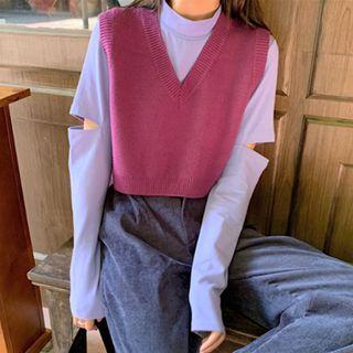 Long-sleeve Cutout T-shirt / Knit Vest