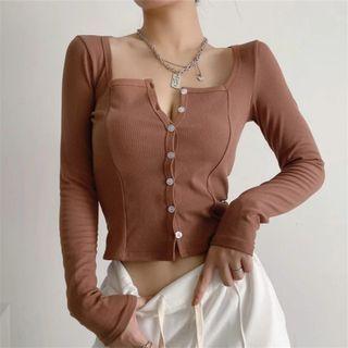 Long Sleeve Square-neck Plain Crop Cardigan