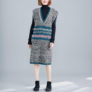 Striped Midi Knit Tank Dress / Turtleneck Long-sleeve Top