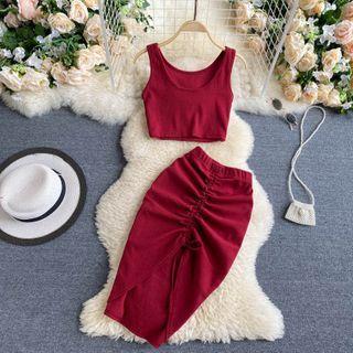 Set Of 2 : Plain Tank Top + Drawstring Ruffle Skirt