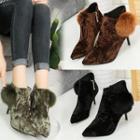 Faux-suede Pompom-accent Ankle Boots