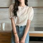 Puff-sleeve Heart Print Blouse Almond - One Size