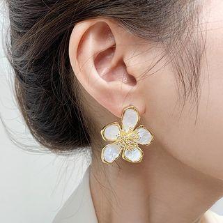 Rhinestone Flower Stud Earring 1 Pair - Gold Trim - Pink - One Size