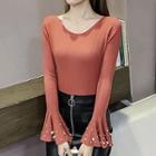 Faux Pearl Bell-sleeve Knit Top