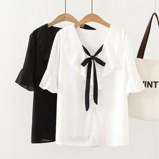 Elbow-sleeve Ribbon Neck Top