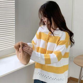 Long-sleeve Lace Up Striped Knit Top