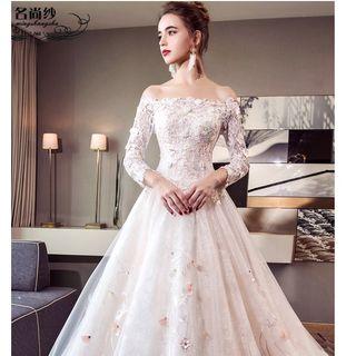 Off-shoulder Flower Applique 3/4-sleeve Ball Wedding Dress