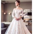 Off-shoulder Flower Applique 3/4-sleeve Ball Wedding Dress