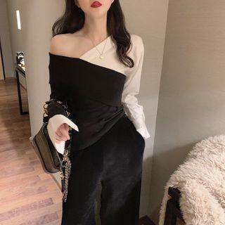 One-shoulder Long-sleeve Paneled Top 9509 - As Shown In Figure - One Size