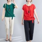 Set: Tie Waist Short-sleeve T-shirt + Crop Pants