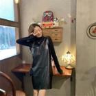 Plain Long-sleeve T-shirt / Faux Leather Pinafore Dress